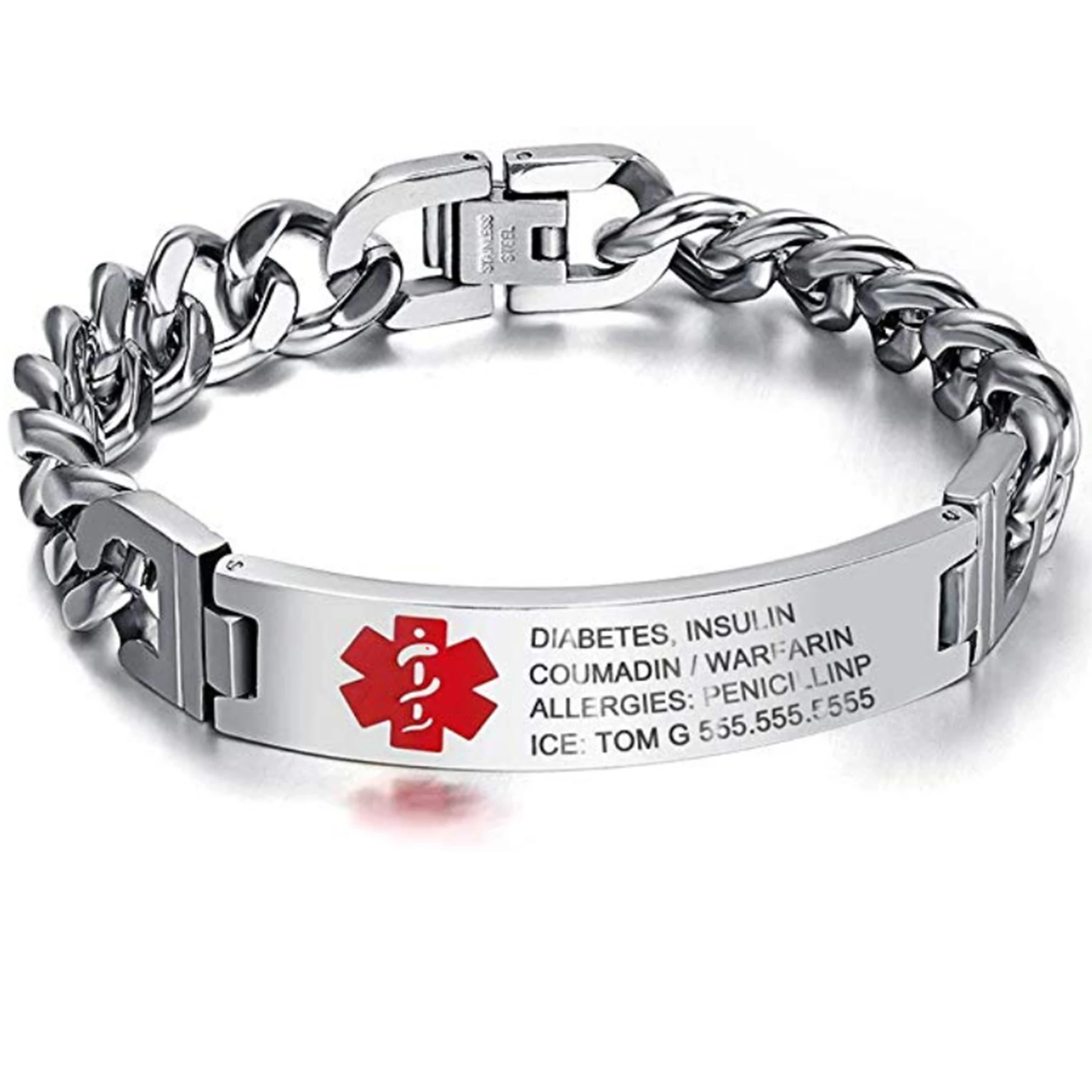 

Medical Alert ID Stainless Steel Bracelet DIABETES EPILEPSY ALZHEIMER'S ALLERGY SOS Jewelry Free Engraving