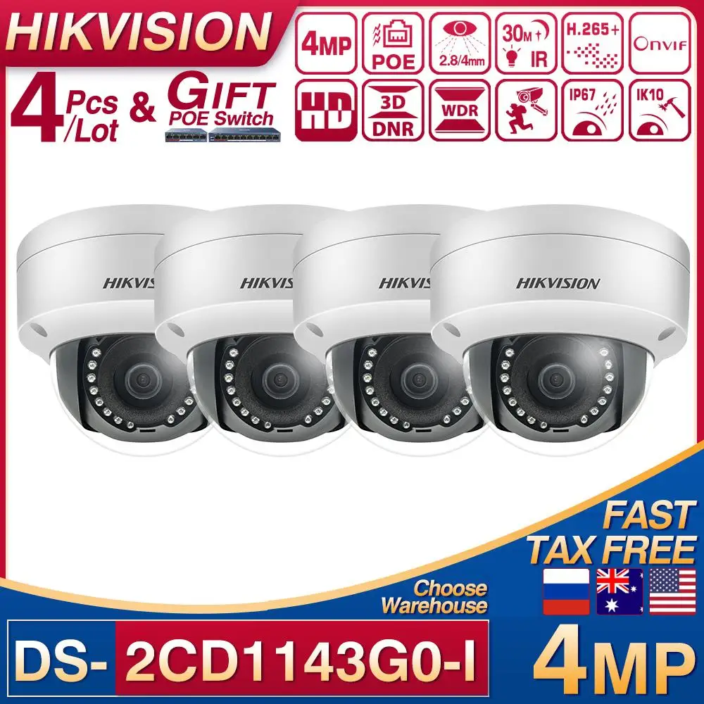 

Hikvision 4 шт./лот DS-2CD1143G0-I POE IP-камера 4 Мп ИК сетевое купольное видеонаблюдение 30 м ИК IP67 IK10 H.265 + iVMS CCTV