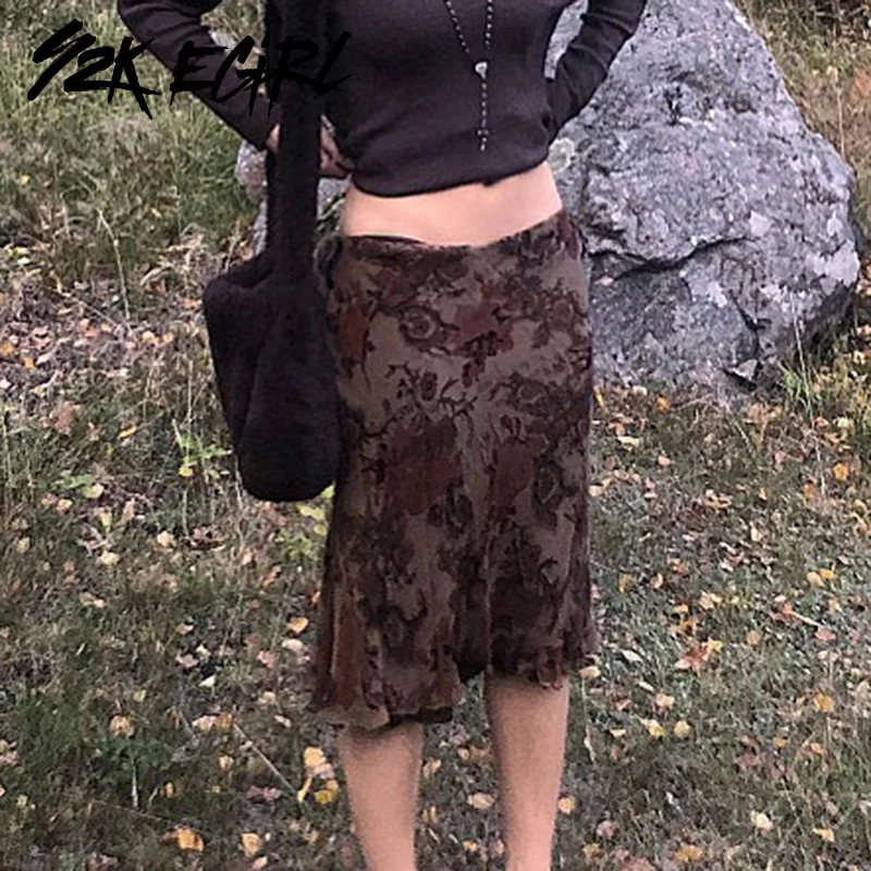 Y2K EGIRL коричневые юбки с низкой посадкой Феи гранж эстетичный цветочный принт