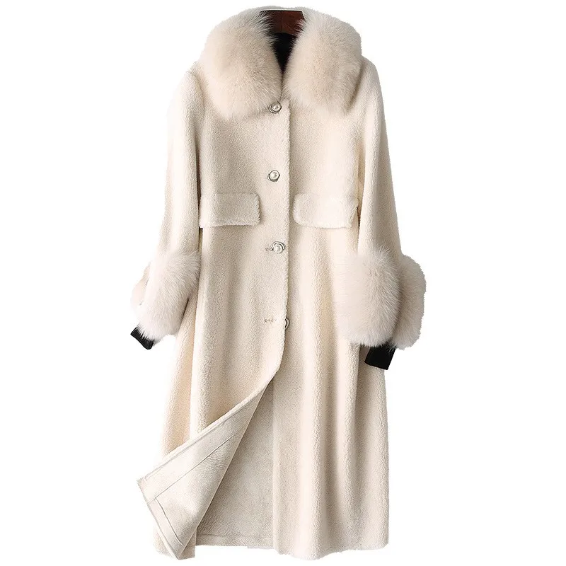 Korean Fashion New Womens Fox Collar Sheep Shearing Coats Genuine Leather Single Breasted Medium Length Female Thick Warm Coats
Korean Fashion New Womens Fox Collar Sheep Shearing Coats Genuine Leather Single Breasted Medium Length Female Thick Warm Coats