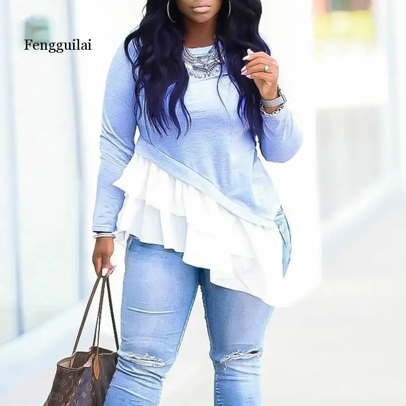 Women Cascading Ruffle Design Splicing Long Sleeve Pullover Blouse Casual Street Wear Fashion Plus Size Top Shirt 
Women Cascading Ruffle Design Splicing Long Sleeve Pullover Blouse Casual Street Wear Fashion Plus Size Top Shirt