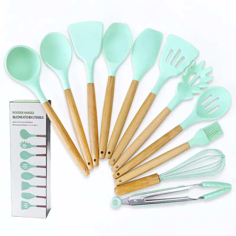 

C5AC 11pcs Kitchen Utensils Set Silicone Wooden Spatula Cooking Tools Tongs Spoon Nonstick Cookware Kitchenware