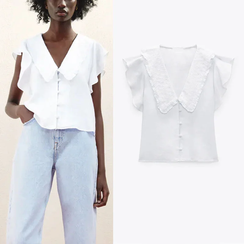 

Summer White Linen Woman Blouse Za 2021 Openwork Embroidery Bib Collar Casual Shirt Chic Sleeveless Ruffle Trim Button Top Women