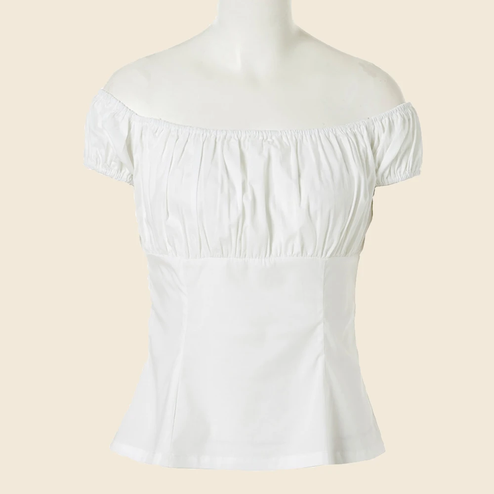 

Fashion Summer White Cotton Vintage Blouses 1950s Tops Slash Neck Puff Sleeve 50s 60s Retro T Shirt Slim Womens Clothing VD2081