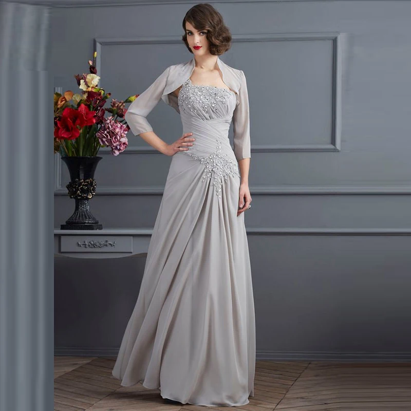 Silver Mother Of The Bride Dresses A-line One-shoulder Chiffon Appliques Beaded With Jacket Groom Mother Dresses For Weddings
Silver Mother Of The Bride Dresses A-line One-shoulder Chiffon Appliques Beaded With Jacket Groom Mother Dresses For Weddings