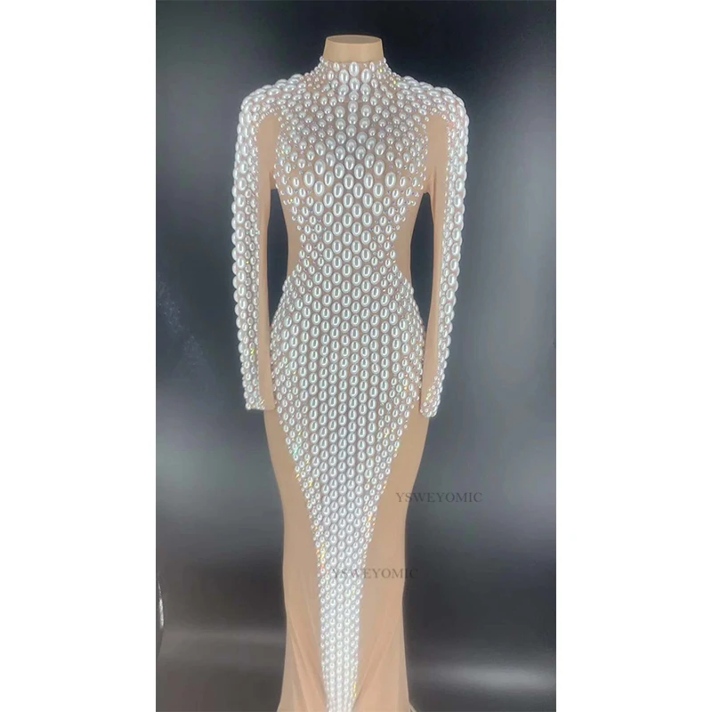 

Женское блестящее длинное платье, вечернее платье с крупными жемчужинами и кристаллами, для выступлений, 2020