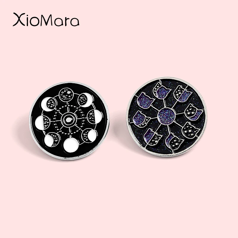 

Lunar Phase Enamel Pins Black Cat Moon Stars Witch Witchcraft Magic Astrology Animal Jewelry Badges Brooches Lapel Pins For Kids