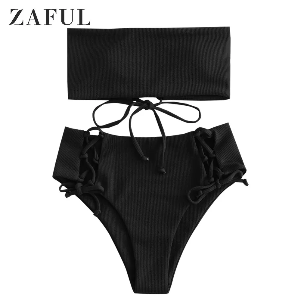 

ZAFUL Ribbed Lace Up High Waisted Bikini Set Strapless High Waisted Cut Bandeau Bikini Women Solid Swimsuit Summer Swimwear