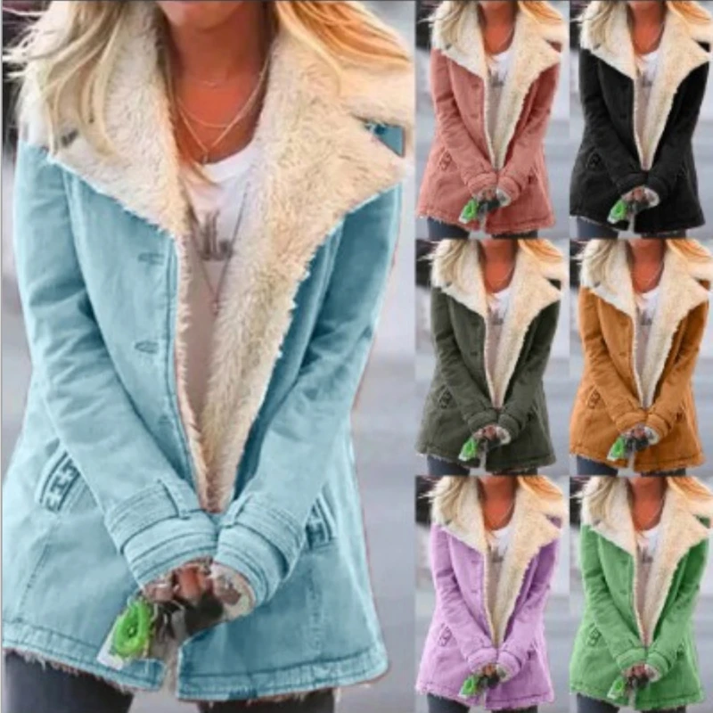 

Women Plus Size Warm Coats Composite Plush Button Lapels Jacket Outwearcoat Thick Lady Winter Pockets Solid Coats