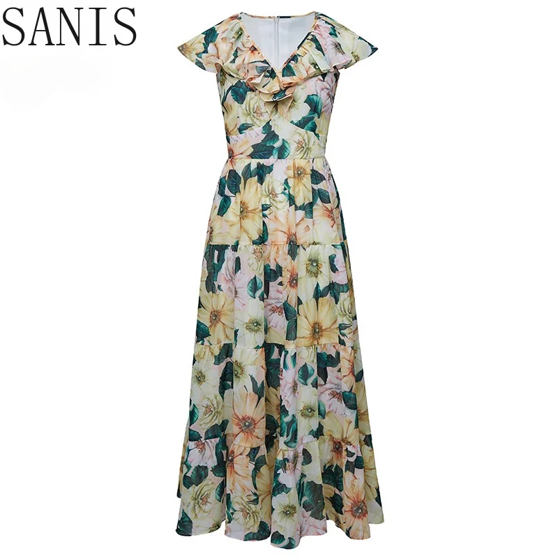 Sanis 2021 Summer Designer New Vacation Dress Women's V-Neck Ruffles Fashion Yellow Camellia Print A-Line Midi Dress
Sanis 2021 Summer Designer New Vacation Dress Women's V-Neck Ruffles Fashion Yellow Camellia Print A-Line Midi Dress
