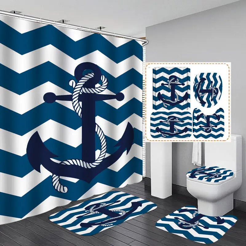 Anchor Blue Wavy Stripes Polyester Fabric Shower Curtain Non-Slip Bath Mat Toilet Lid Cover Rugs Home Bathroom Decor Set
Anchor Blue Wavy Stripes Polyester Fabric Shower Curtain Non-Slip Bath Mat Toilet Lid Cover Rugs Home Bathroom Decor Set