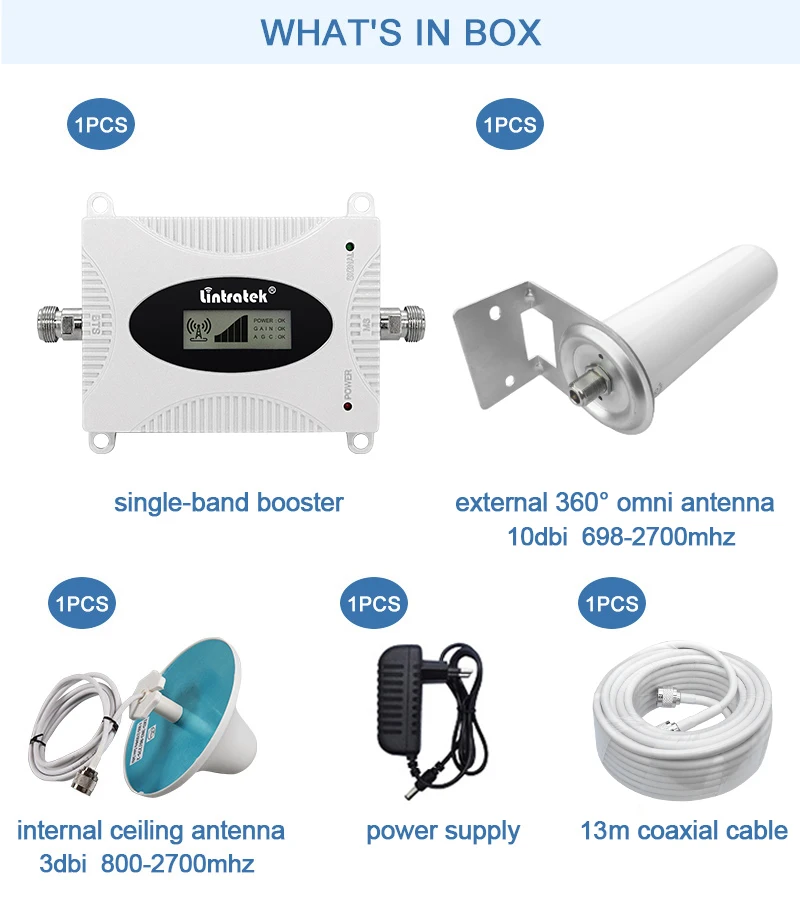 Single Band Signal Booster 3G CDMA 850 900 1800 2100 2G GSM WCDMA 4G LTE Cellphone AGC Cellular Amplifier Repeater Onmi Antenna
Single Band Signal Booster 3G CDMA 850 900 1800 2100 2G GSM WCDMA 4G LTE Cellphone AGC Cellular Amplifier Repeater Onmi Antenna