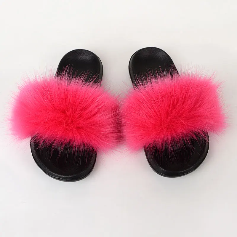 

Women's Fake Fox Fur Slippers Plus Size Summer Open-Toed Fluffy Fur Sandals Casual Black Furry Indoor Sandals and Slippers