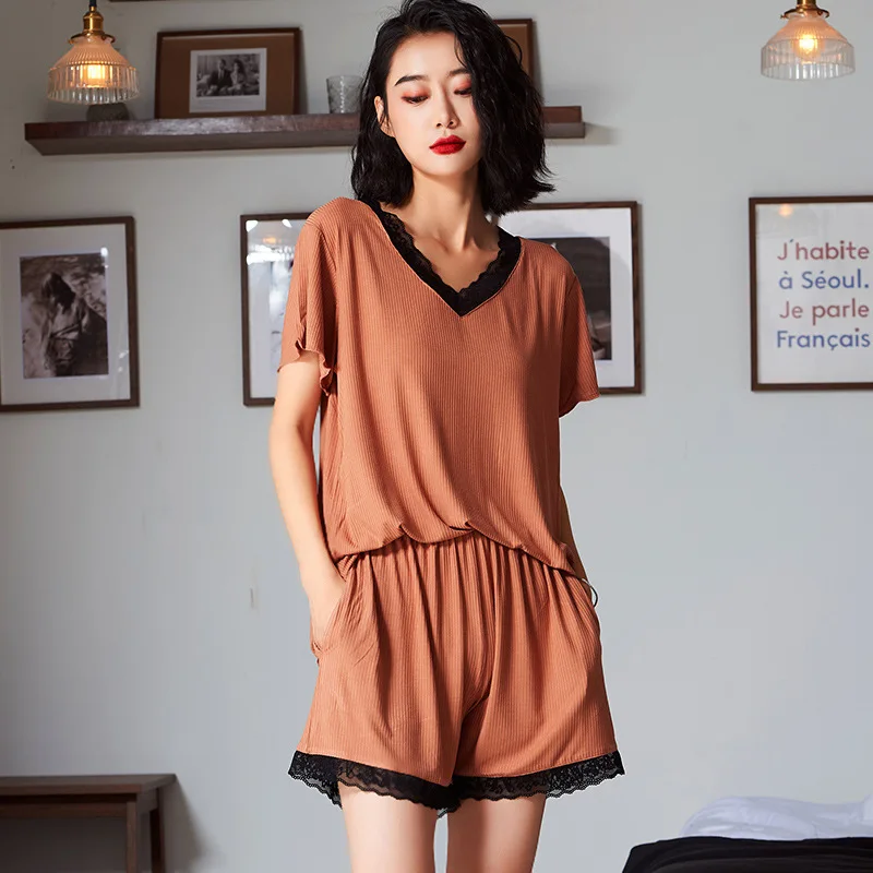 Женская кружевная пижама из модала с короткими рукавами, удобная и крутая простая однотонная домашняя ночная рубашка Pizama Damska 
Женская кружевная пижама из модала с короткими рукавами, удобная и крутая простая однотонная домашняя ночная рубашка Pizama Damska