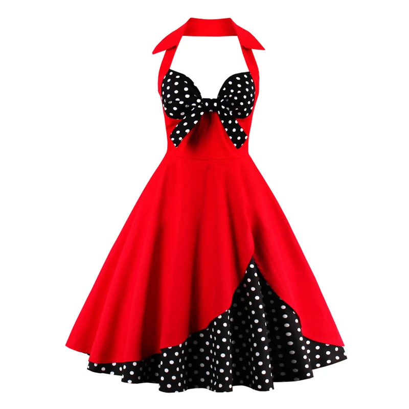 

Knot Front Sexy V-Neck Halter Party Women Vintage 50s 60s Pinup Dress Black and Red Two Tone Backless Cotton Dresses Ladies
