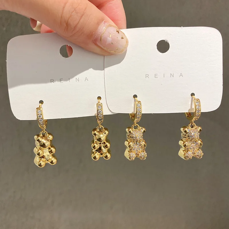 

Van Daisy Glossy Gold Bear Hoop Earrings for Women Zircon Cute Animal Pendant Rhinestones Huggies Jewelry Pendientes Mujer