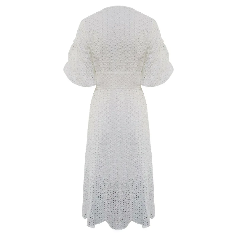 Autumn Dress Lantern Sleeve Botton Up Midi Dress Hollow Out