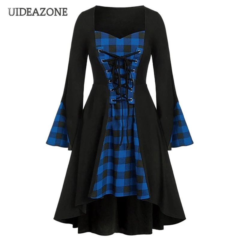 Vintage Bandage Gothic Women Dress Drawstring Plaid Patchwork Flare Sleeve Goth Ladies A Line Dresses 2020 Spring Autumn Cosplay
Vintage Bandage Gothic Women Dress Drawstring Plaid Patchwork Flare Sleeve Goth Ladies A Line Dresses 2020 Spring Autumn Cosplay