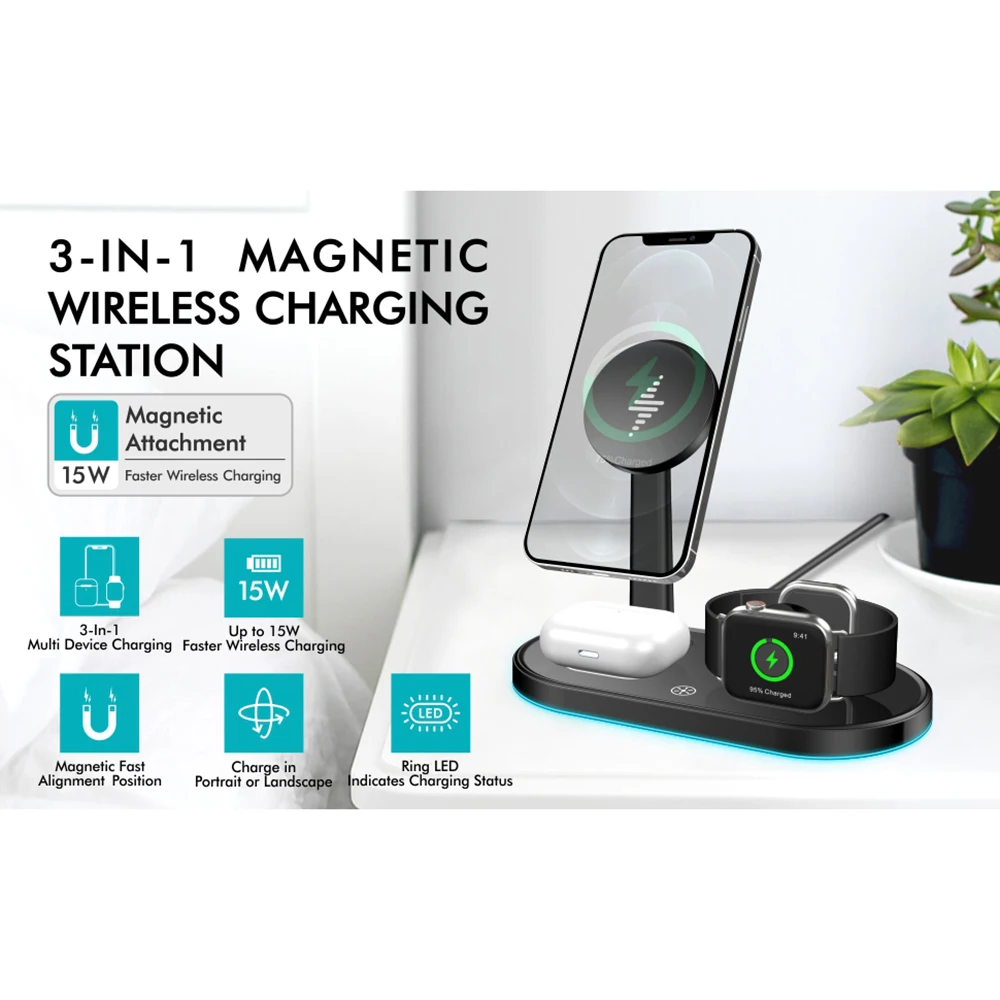 QI 15W Fast Smart 3-in-1 Magnetic Wireless Charger For iPhone 12Pro Max 12 Pro Mini Apple Watch 6/5/4/3/2/1 Apple Airpods Pro 2
QI 15W Fast Smart 3-in-1 Magnetic Wireless Charger For iPhone 12Pro Max 12 Pro Mini Apple Watch 6/5/4/3/2/1 Apple Airpods Pro 2