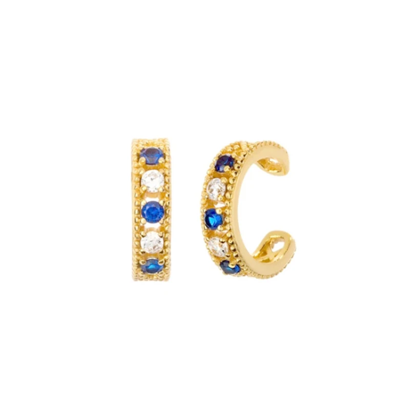 925 Sterling Silver Bohemia Bling Blue Crystal Clip On Earrings for Women Hiphop Punk No Pierced Elegant Earcuff Fine Jewelry | Украшения и
