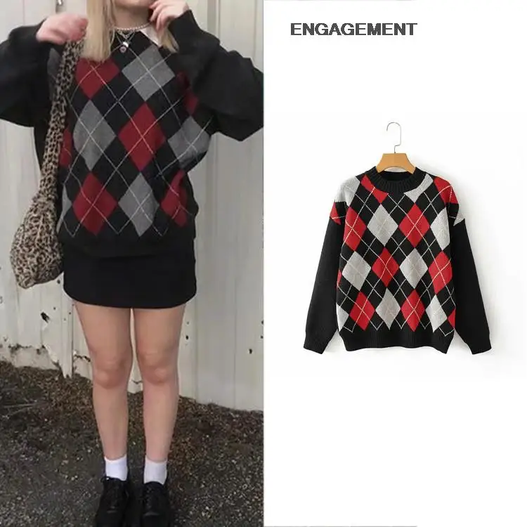ENGAGEMENT za 2021 female Fashion plaid contrast sweater women fall/winter loose knit sweater
ENGAGEMENT za 2021 female Fashion plaid contrast sweater women fall/winter loose knit sweater