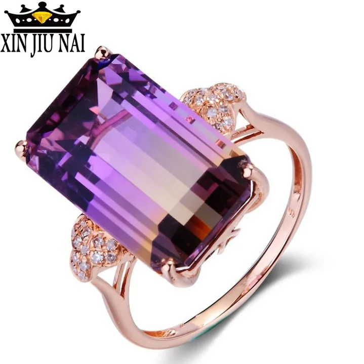Фото Женское прямоугольное кольцо розовое золото разноцветное с кристаллами и камнем