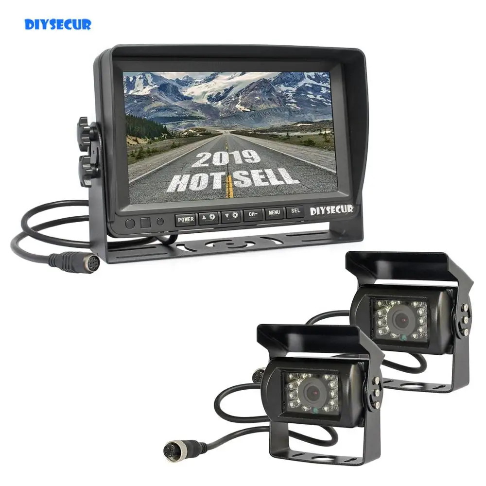 

Автомобильный монитор DIYSECUR AHD 7 дюймов IPS HD, монитор заднего вида, 2 водонепроницаемых ИК-камеры ночного видения 1080P AHD LED 1V2