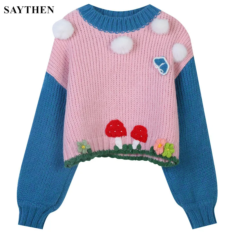 SAYTHEN новый пуловер контрастных цветов с вышивкой в виде цветов и грибов с помпонами, милый пуловер с круглым вырезом, свитер 
SAYTHEN новый пуловер контрастных цветов с вышивкой в виде цветов и грибов с помпонами, милый пуловер с круглым вырезом, свитер