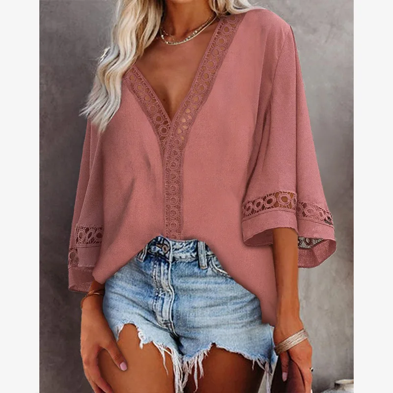 2021 Fashion Women Shirts Summer Elegant Deep V-Neck Solid Color Female Blouse Sexy Hollow Out Three Quarters Sleeve Lady Shirt
2021 Fashion Women Shirts Summer Elegant Deep V-Neck Solid Color Female Blouse Sexy Hollow Out Three Quarters Sleeve Lady Shirt