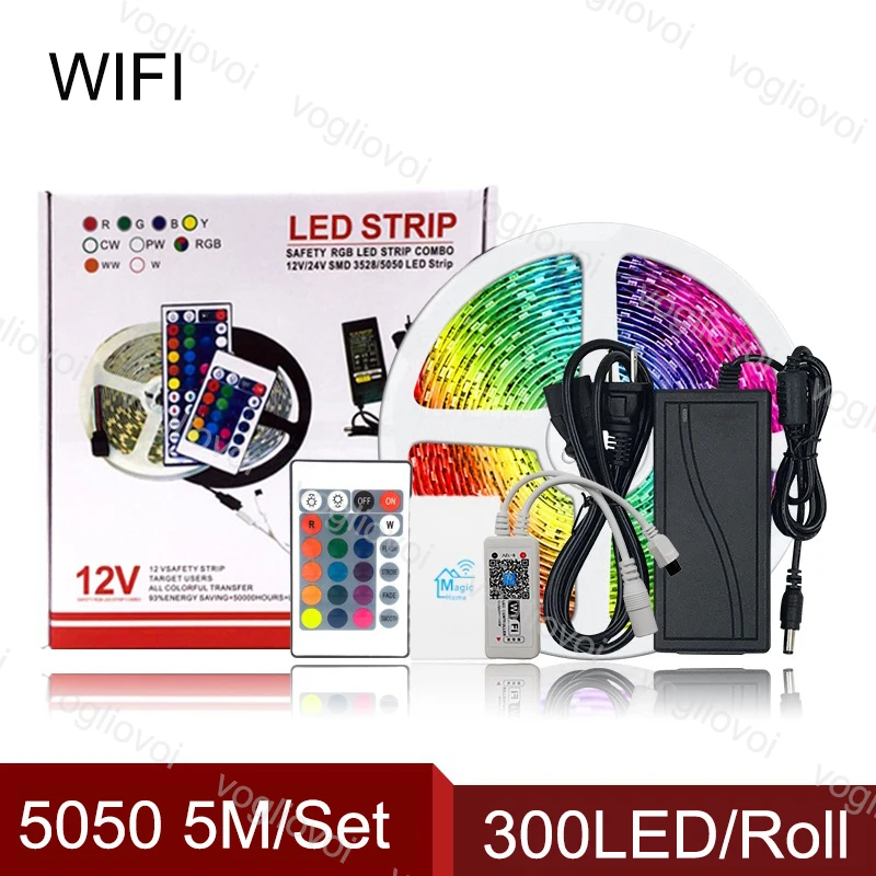 

Vogliovoi Led Light Strip WiFi Smart Voice Control 5M SMD5050 300Leds/Roll DC12V Multicolor 24keys 110-240V 5A Adapter KTV Plaza