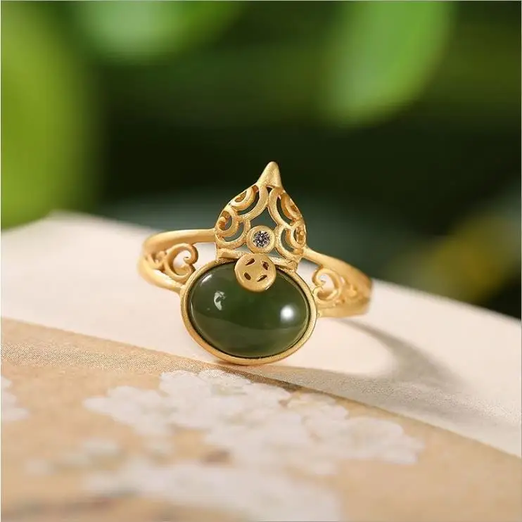 Silver ancient gold craftsmanship inlaid natural Hetian jade oval ethnic style retro opening adjustable elegant ladies ring
Silver ancient gold craftsmanship inlaid natural Hetian jade oval ethnic style retro opening adjustable elegant ladies ring