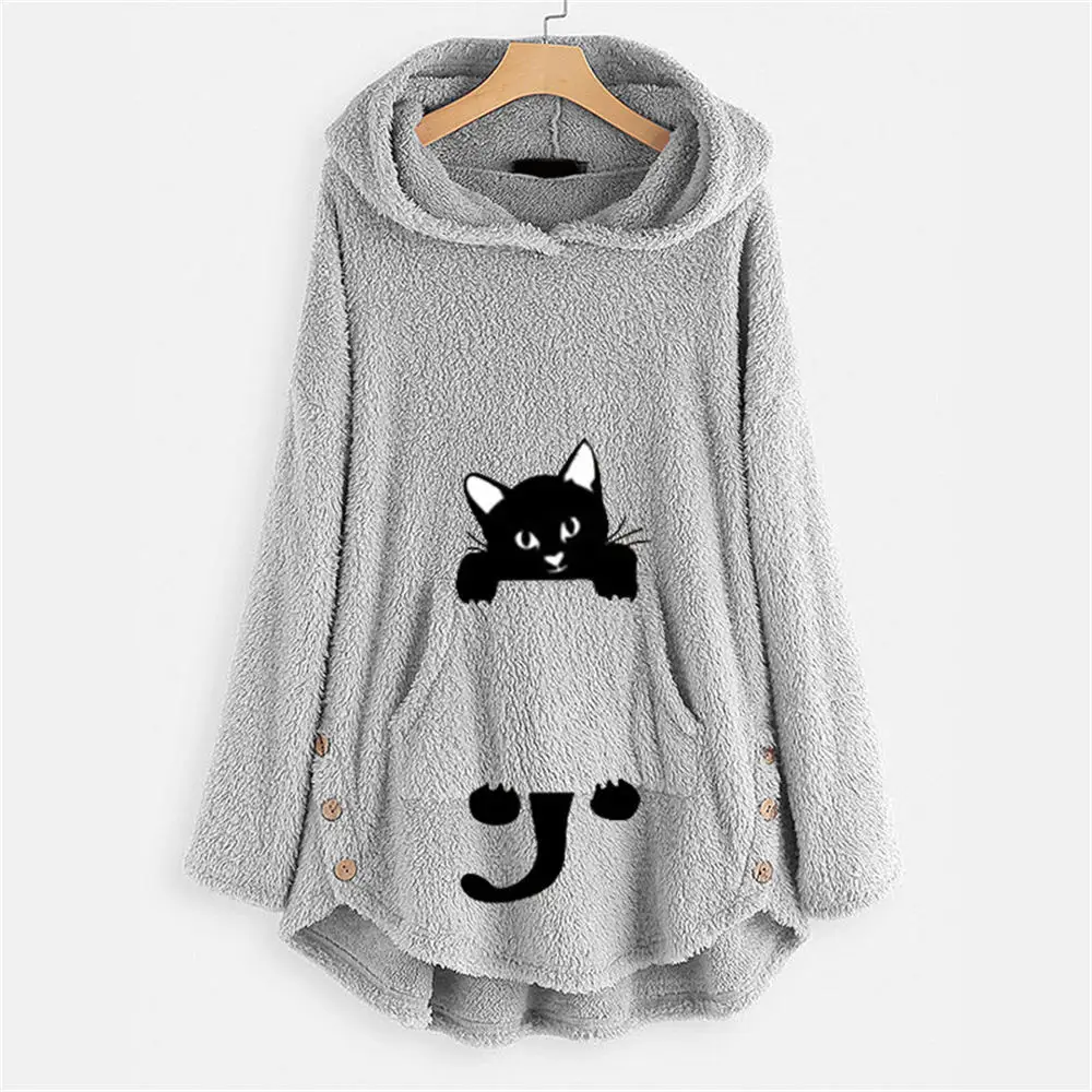 

Women Winter Oversized Fleece Sweater Plus Size 5XL Cute Cat Applique Warm Fluffy Robe Hooded Teddy Fleece Sweaters Home Wear