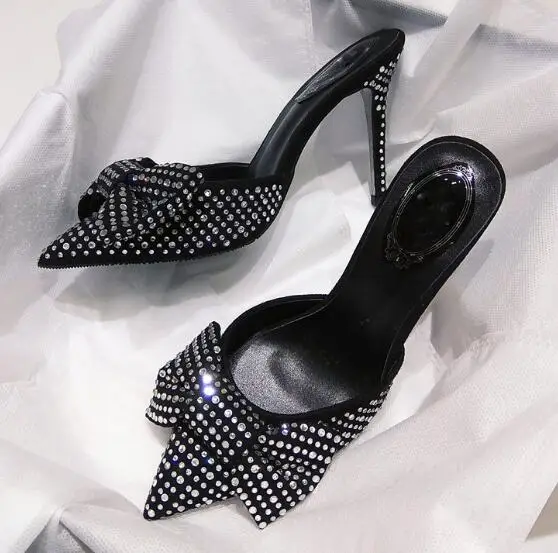 

Moraima Snc Crystal Embellished HIgh Heel Shoes Sexy Pointed Toe Butterfly-knot Woman Summer Sandal Party Dress Shoe Black