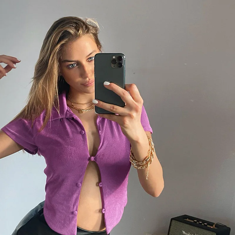 Button Casual T-Shirt Ladies Short Summer Crop Tops 2021 Sexy Lapel Dish Wild Self-Cultivation Solid Color Short Sleeves Tops
Button Casual T-Shirt Ladies Short Summer Crop Tops 2021 Sexy Lapel Dish Wild Self-Cultivation Solid Color Short Sleeves Tops