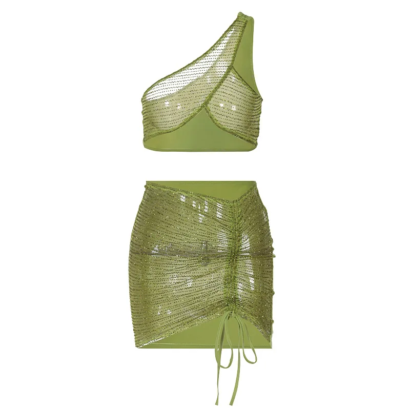 Women Sequin Two Piece Sets Summer Sexy Sheer Patchwork Crop Top and Mini Skirt 2pcs Matching Sets Outfits Clubwear Green Yuqung 
Women Sequin Two Piece Sets Summer Sexy Sheer Patchwork Crop Top and Mini Skirt 2pcs Matching Sets Outfits Clubwear Green Yuqung