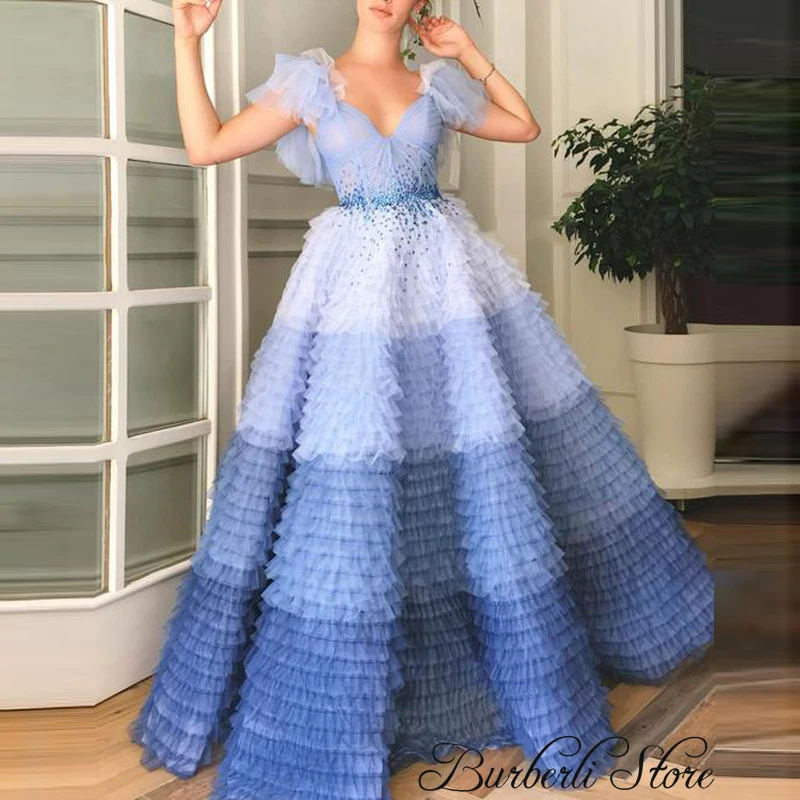 Couture Blue Robe de soiree Layered Tulle Elegant Evening Dresses V Neck Short Sleeve Prom Party Gowns Vestido Custom Made
Couture Blue Robe de soiree Layered Tulle Elegant Evening Dresses V Neck Short Sleeve Prom Party Gowns Vestido Custom Made