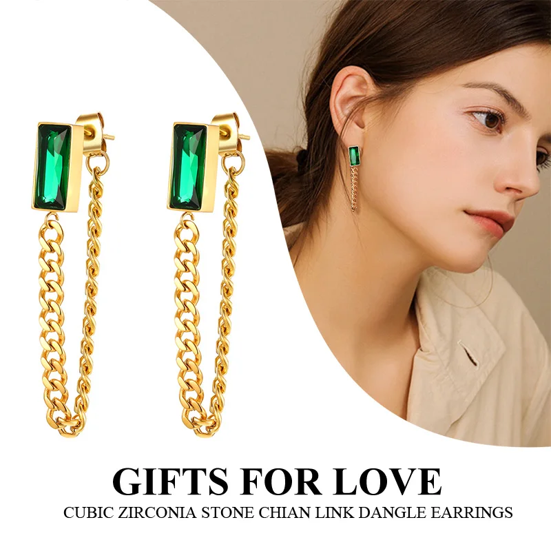 Green Cubic Zirconia Stud with Curb Chain Link Dangle Earrings for Women Drop Chain Hoops Stainless Steel Jewelry
Green Cubic Zirconia Stud with Curb Chain Link Dangle Earrings for Women Drop Chain Hoops Stainless Steel Jewelry