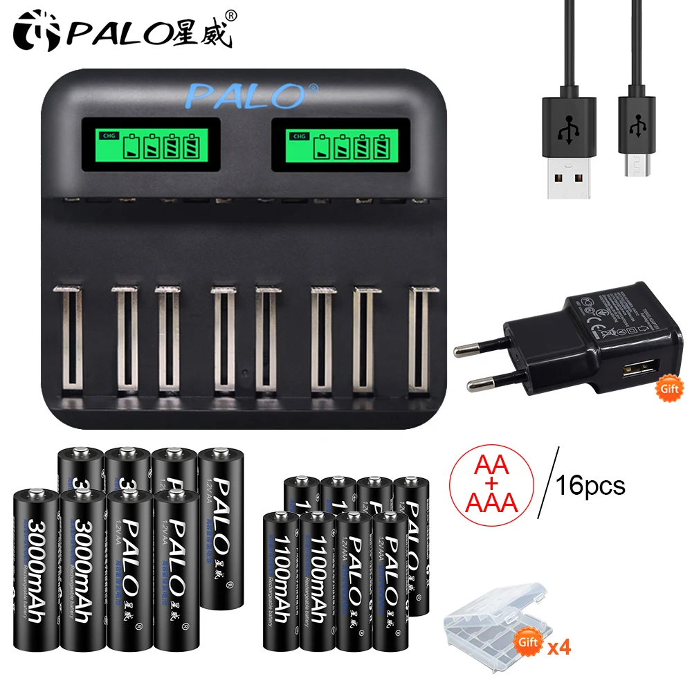 

Palo 1.2V Ni-MH AA AAA Rechargeable Batteries + 8 Slots USB Smart LCD Charger for 2A 3A C D Batteria for Toys Camera Clock