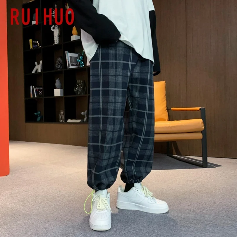 

RUIHUO Ankle-Length Men's Plaid Pants Harajuku Men's Clothing Black Checkered Pants Korean Style Checked Trousers M-2XL 2021