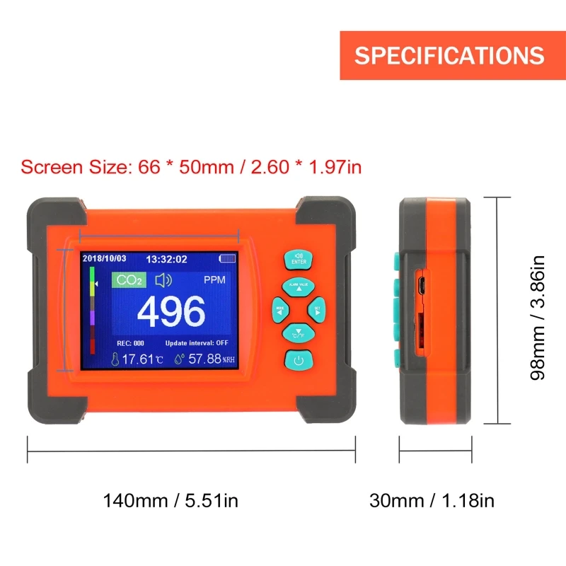 Portable CO2 Meter Tester for Carbon Dioxide Air Quality Monitor with Rechargeable Battery with Temperature and Humidity Display
Portable CO2 Meter Tester for Carbon Dioxide Air Quality Monitor with Rechargeable Battery with Temperature and Humidity Display