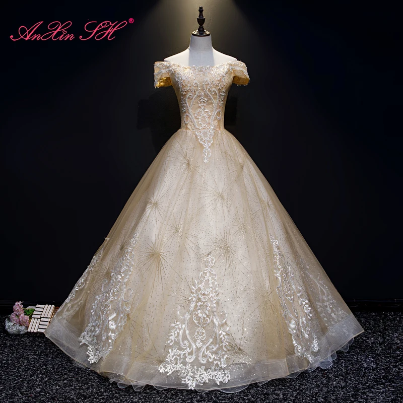 AnXin SH princess golden lace flower stage evening dress luxury boat neck beading crystal rose host ball gown evening dress
AnXin SH princess golden lace flower stage evening dress luxury boat neck beading crystal rose host ball gown evening dress