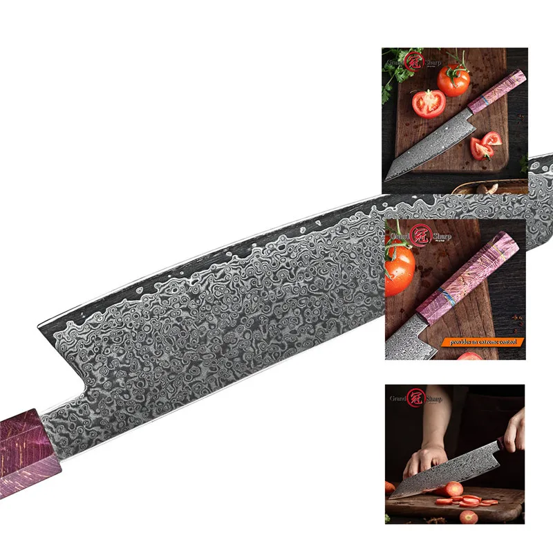 GRANDSHARP Chef Knife vg10 Damascus Steel Japanese Kitchen Knives Purple Handle Kiritsuke Knife Kitchen Cooking Knives Gift Box
GRANDSHARP Chef Knife vg10 Damascus Steel Japanese Kitchen Knives Purple Handle Kiritsuke Knife Kitchen Cooking Knives Gift Box