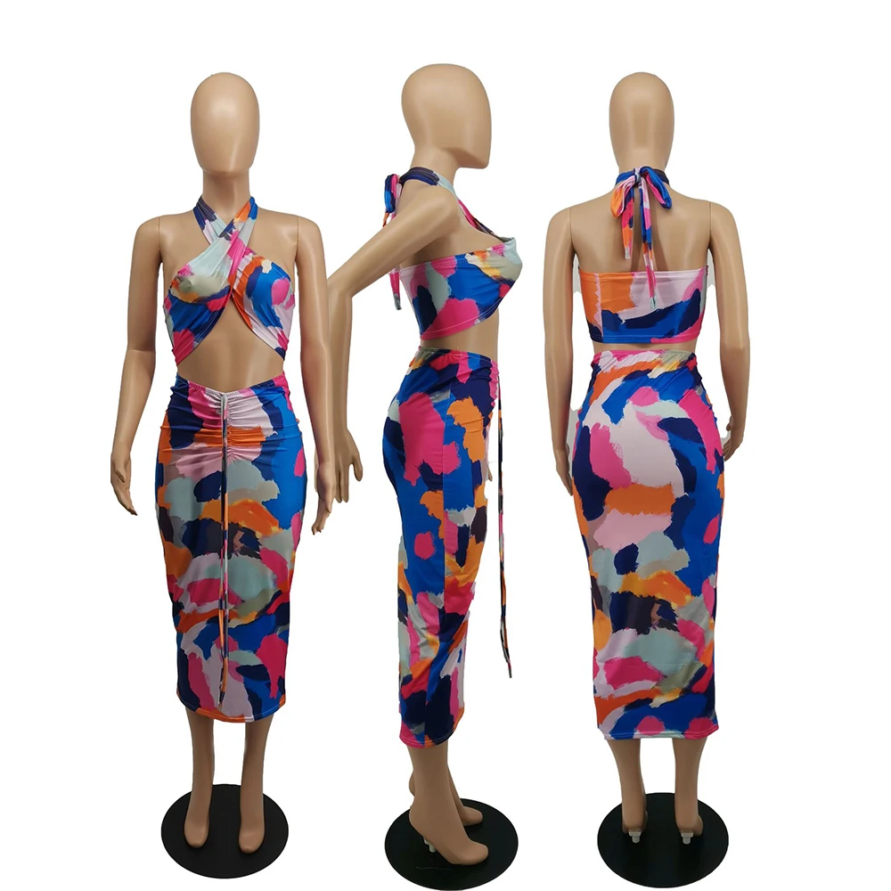 Tie Dye Print Two Piece Dress Set Women Summer Halter Cleavage Crop Top+drawstring Ruched Maxi Skirt Female Matching Set Party
Tie Dye Print Two Piece Dress Set Women Summer Halter Cleavage Crop Top+drawstring Ruched Maxi Skirt Female Matching Set Party