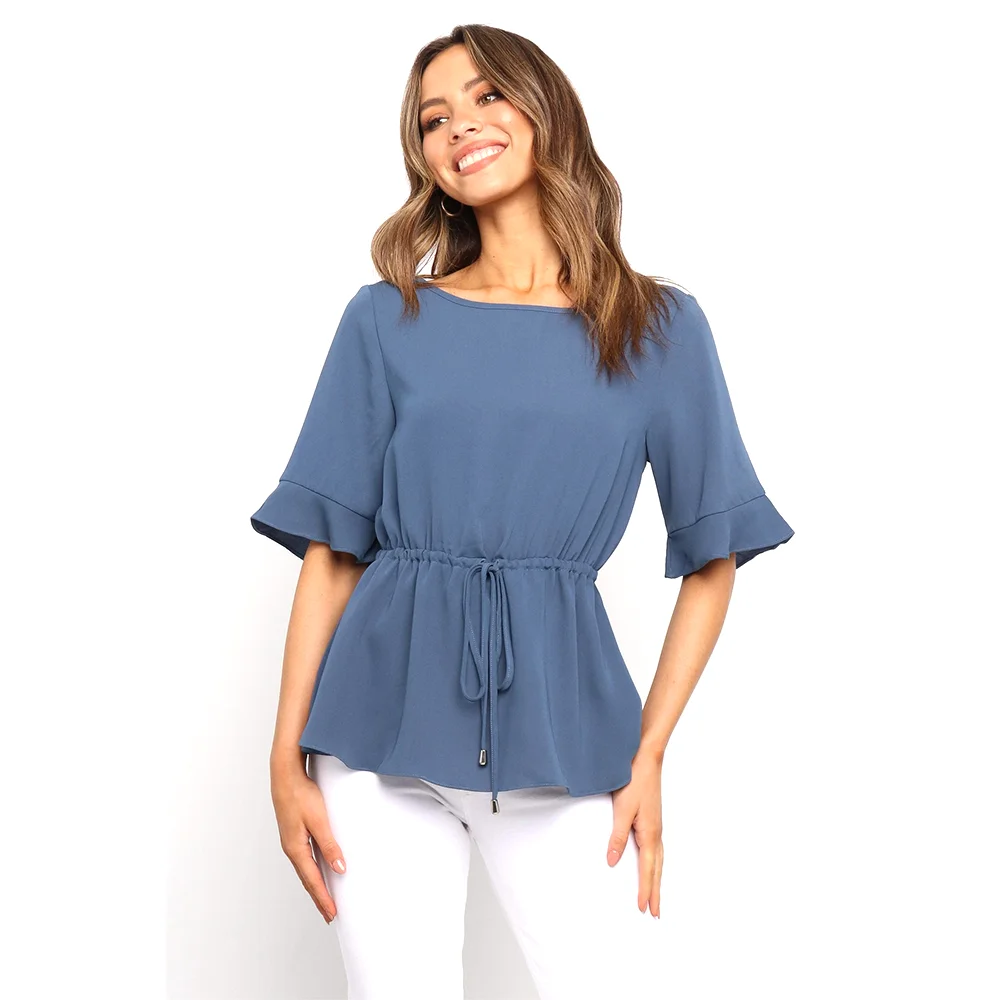 

2021 Women'S Blouses And Shirts Summer New Frenulum Flare Half Sleeve Loose Tops Women Shirt Solid Elegant Blouses Tunic Top