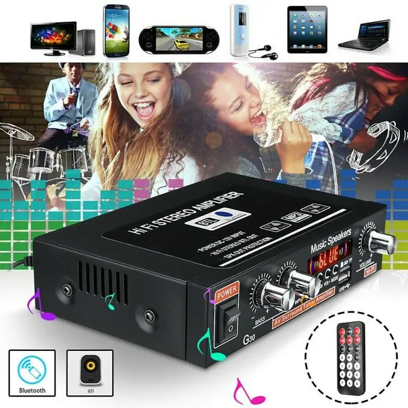 Домашний цифровой усилитель G30, HIFI стерео Bluetooth Сабвуфер, музыкальный плеер с поддержкой FM, TF, AUX, 2-канальный, с дистанционным управлением
Домашний цифровой усилитель G30, HIFI стерео Bluetooth Сабвуфер, музыкальный плеер с поддержкой FM, TF, AUX, 2-канальный, с дистанционным управлением