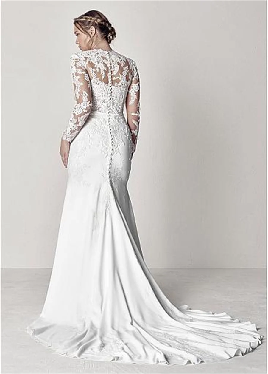 Кружевное платье-Русалка с V-образным вырезом и аппликацией свадебное длинное