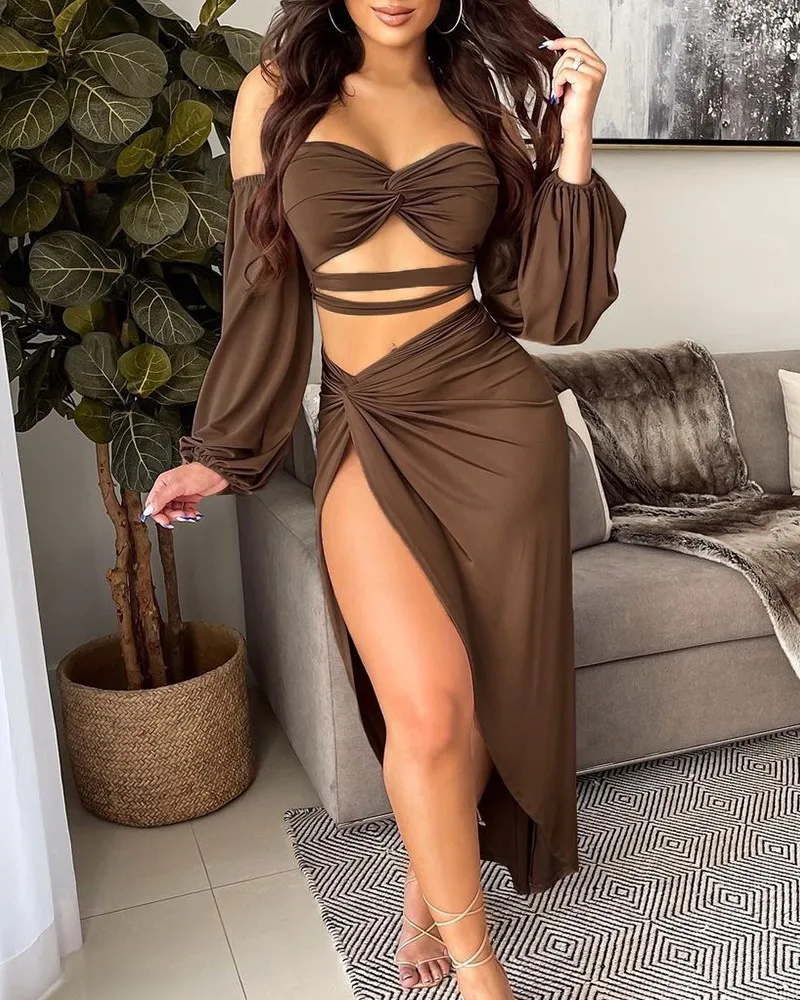 Women's 2021 New Long-sleeved Blouse with Slits and Half Skirt Suit Off Shoulder Twisted Crop Top & High Slit Maxi Skirt Set
Women's 2021 New Long-sleeved Blouse with Slits and Half Skirt Suit Off Shoulder Twisted Crop Top & High Slit Maxi Skirt Set