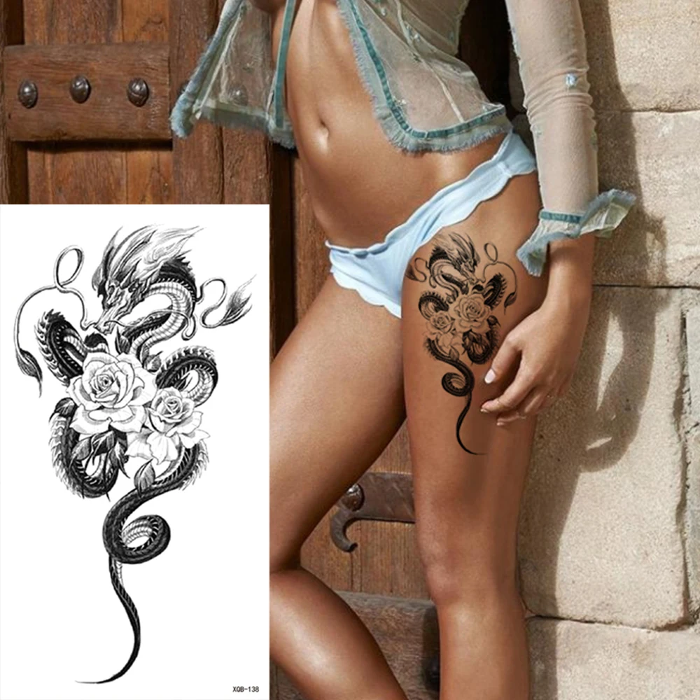 Водостойкая Временная тату-наклейка змея дракона розы цветок флэш-татуировки