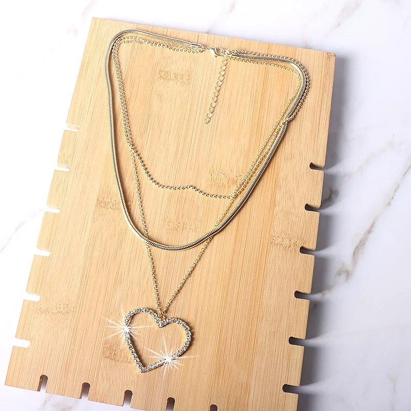 HUANZHI 2019 New Fashion Multi-layer Gold Crystal Heart Pendants Rhinestone Snake Chain Necklace for Women Jewelry |