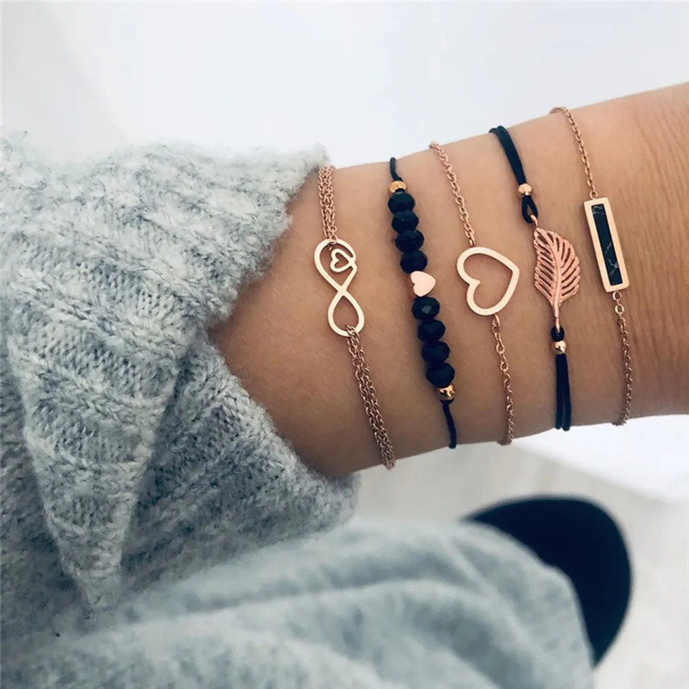Women String Black Bead Heart Bracelet Geometric Square Number Eight Element Leaf 5Pcs Set
Women String Black Bead Heart Bracelet Geometric Square Number Eight Element Leaf 5Pcs Set